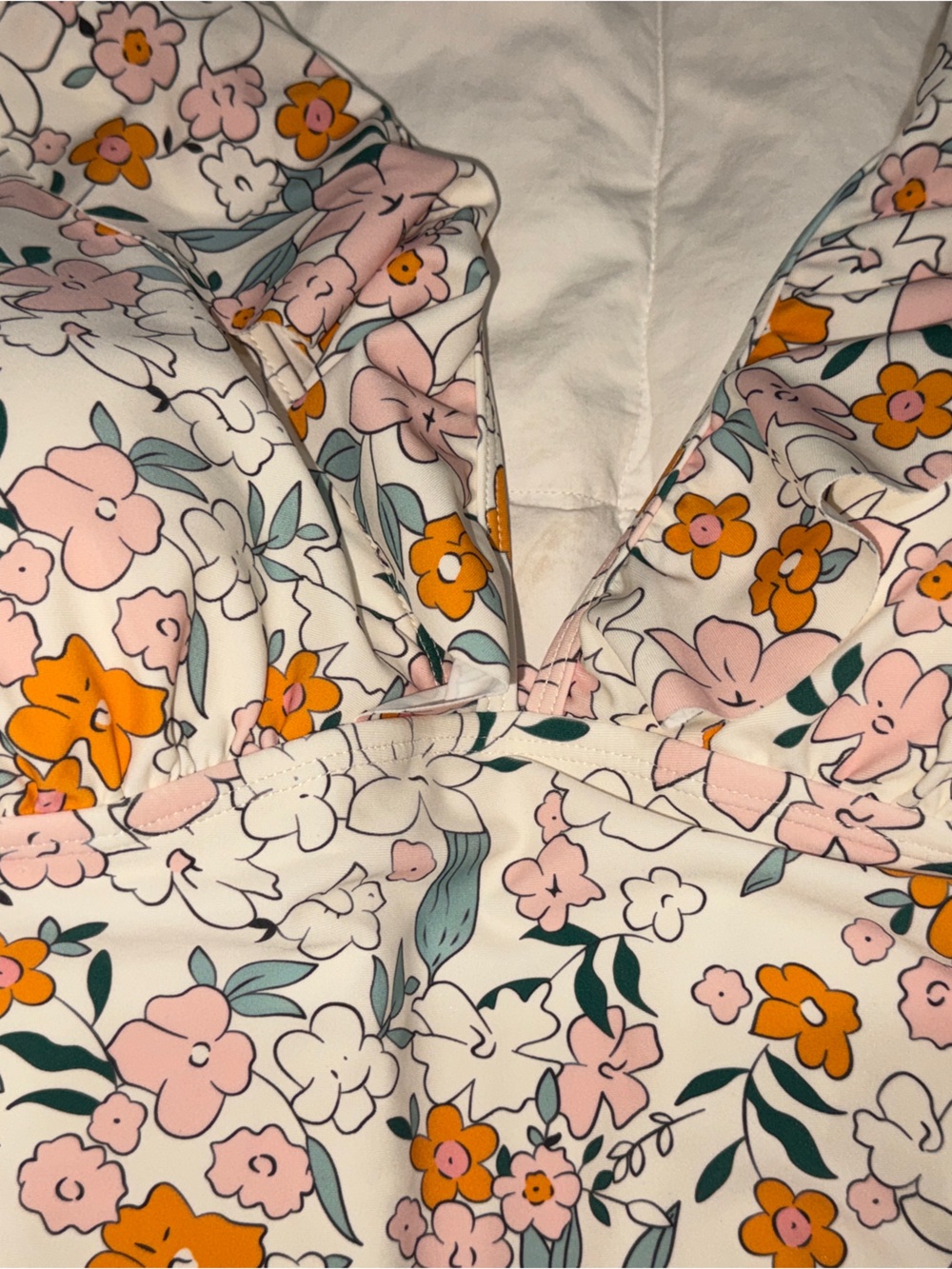 Floral Padded Bikini Top - Pink, Orange & Green Flowers on White